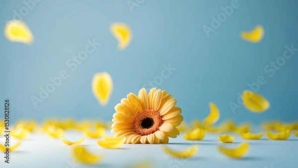 Fototapeta Creative layout constructed with yellow gerbera petals. Minimal nature mood background. Spring flowers theme. Flat lay. Copy space.