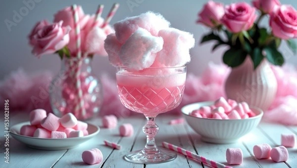 Fototapeta Cotton candy cocktail in glass, marshmallows, vase with pink roses and straws on white wooden table with background, space for text