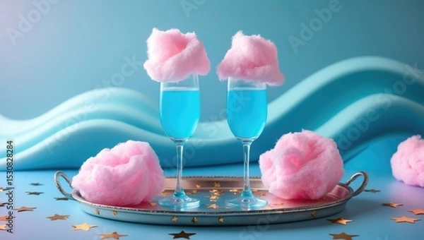 Fototapeta Cotton candy cocktails in glasses with confetti on the background, ideal space for text.