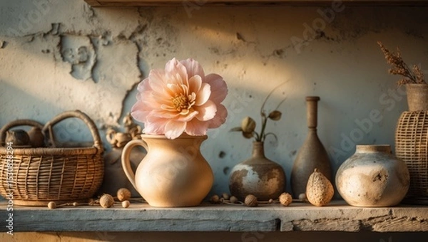 Fototapeta Vintage cottage decoration featuring a cement wall as retro style background with flowers on the shelf.