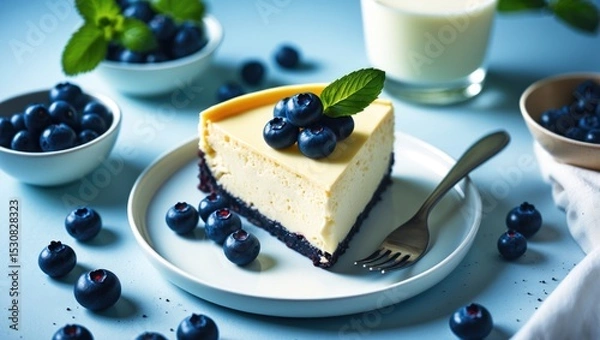 Fototapeta Slice of cottage cheese cheesecake topped with fresh blueberries, viewed from above