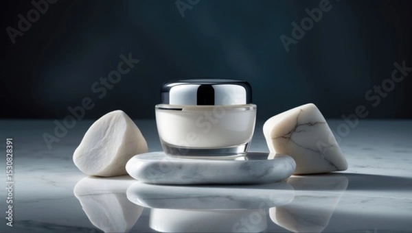 Fototapeta Cosmetic cream container with shades resting on marble surface