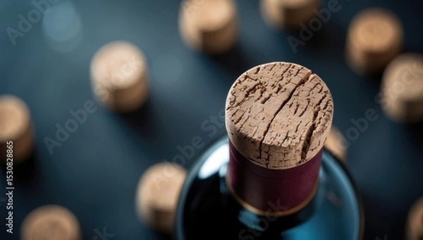 Fototapeta Cork in the wine bottle with blurry background, viewed from above.