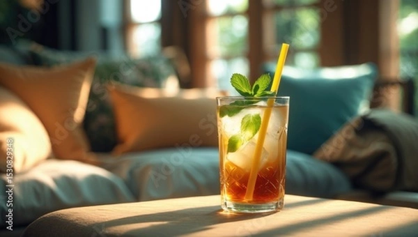 Fototapeta A glass of iced black tea combined with ginger ale, lemonade, and soda, garnished with lemon slices and mint, on the table with sunshine and empty space. Summer drink concept.