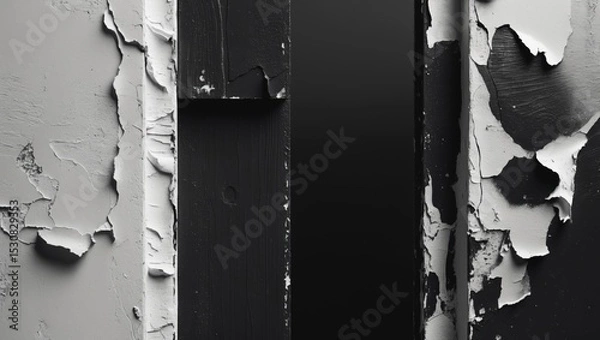 Fototapeta Blank black and white creased and crumpled paper texture background with an old grunge ripped torn collage of posters and placards, providing empty copy space for text.