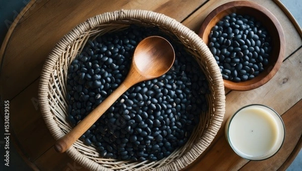 Fototapeta Black soy bean seeds and soy milk on wooden background, tabletop view, nutritious beverage