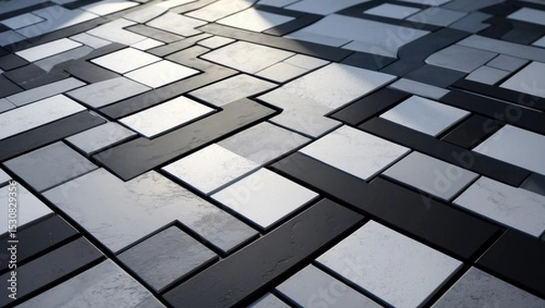 Fototapeta Black, white, and gray concrete tiles of various shapes in an outdoor pavement. Background and texture.