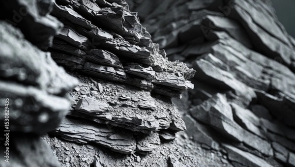 Fototapeta Black white rock texture showcasing mountain surface. Close-up of gray grunge background for design with crumbled layers.