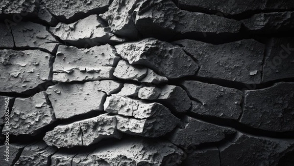 Fototapeta Black white grunge background featuring an old cracked damaged destroyed stone wall. Close-up shot. Design-ready backdrop. Wide panoramic banner.