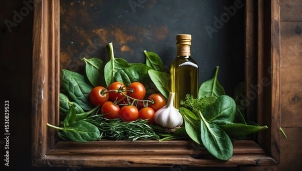 Fototapeta Black stone kitchen background with spices and vegetables, viewed from above, featuring free copy space.