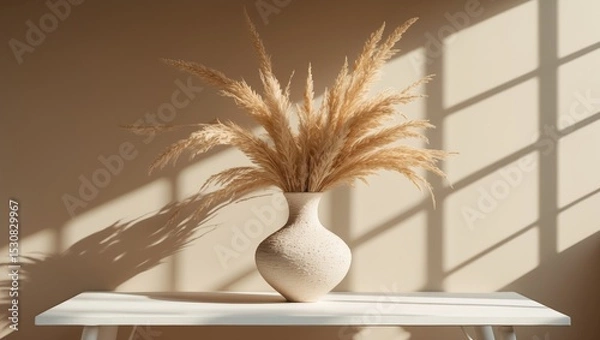 Fototapeta Beige ceramic vase with dry pampas grass and shadows on the table, interior Scandinavian decoration, aesthetic style, copy space