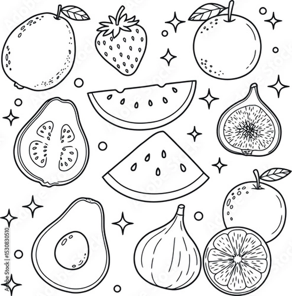 Fototapeta A black and white coloring page featuring a variety of fruits, including a guava, strawberry, orange, fig, watermelon slices, avocado, and grapefruit, adorned with decorative sparkles and circles.