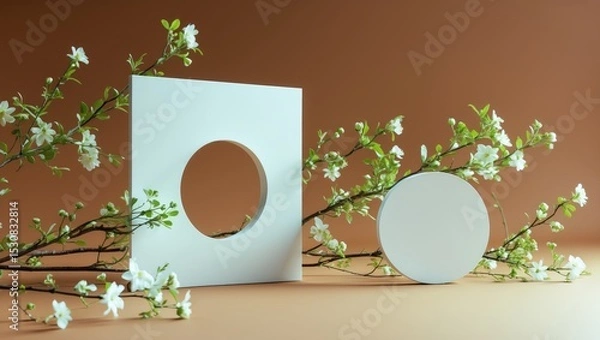 Fototapeta 3D background product display podium scene featuring flower branches decor on a brown background. Top view, flat lay.