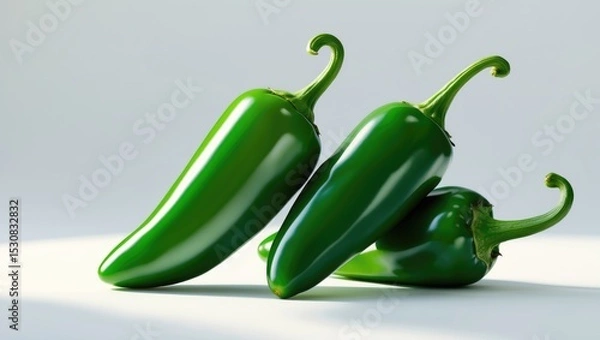 Fototapeta Three vibrant green chili peppers arranged creatively on a soft white background, showcasing their glossy texture and curved stems, perfect for culinary use or food photography.