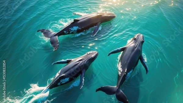 Fototapeta Two adult Humpback whales and a calf swimming together in the ocean.