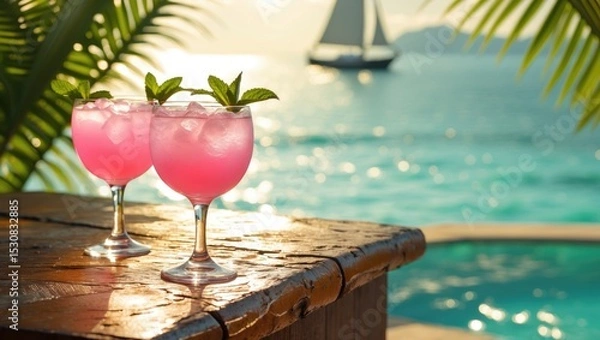 Fototapeta Two cocktails by a resort swimming pool with a beach in the background.