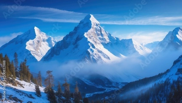 Fototapeta Majestic mountain peak covered with snow in a natural panorama.