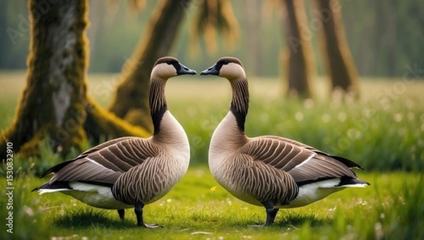 Fototapeta Two Canada geese relax in tall, dewy grass during the early morning hours.