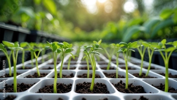 Fototapeta Hydroponic kale sprouts thriving in seedling trays, showcasing vibrant green leaves with sunlight filtering through blurred foliage in the background, promoting new growth and vitality.