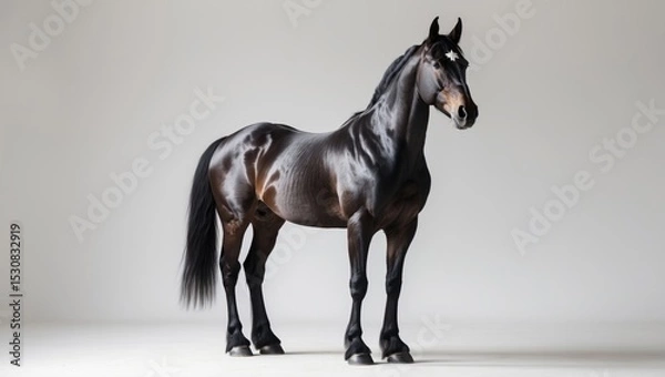 Fototapeta One-month-old dark brown Andalusian horse standing gracefully sideways, gazing at the camera, set against a clean white background, showcasing its sleek coat and elegant stature.