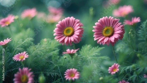 Fototapeta Two pink daisies set against a gentle bokeh background.