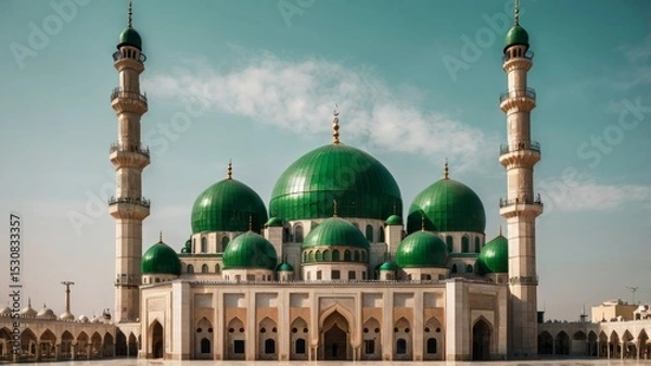 Obraz A beautiful mosque with one big green dome and four tall minarets.