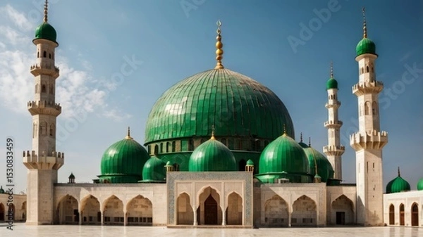 Obraz A beautiful mosque with one big green dome and four tall minarets.
