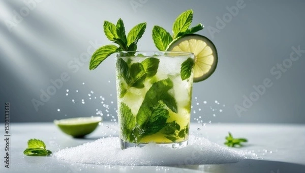 Fototapeta A mojito or virgin mojito is a drink made with fresh mint, lime juice, cane sugar, and soda.