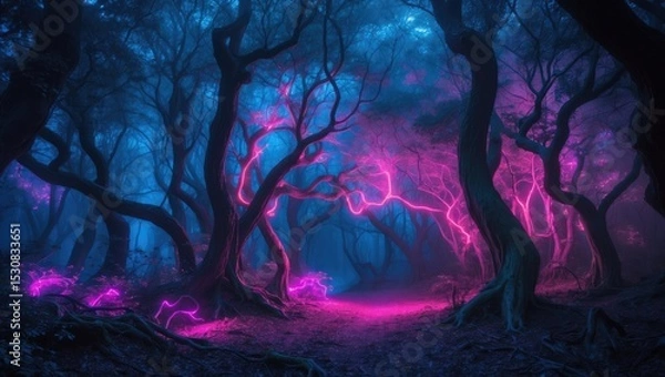 Fototapeta A midnight forest depicted in a dark fantasy scene featuring stunning neon night light glows in a dreamlike woodland abstraction.