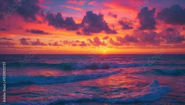 Fototapeta A Vibrant Ocean Sunset Sky as a Soft Wave Breaks onto the Shore in a Vertical Image Orientation