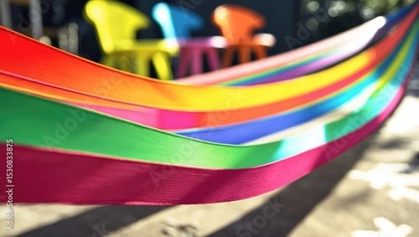 Fototapeta A vibrant line of rainbow-colored ribbons on a black surface, arranged in a rainbow pattern and dispersed across the surface.