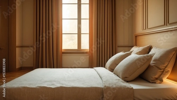 Fototapeta A cozy bedroom featuring a spacious bed, plush pillows, and warm blankets.