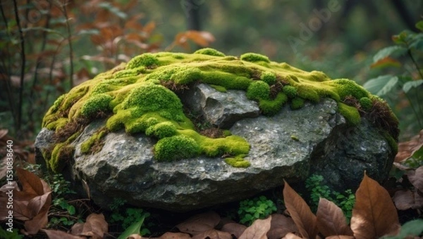 Obraz A close-up shot of a moss-covered rock, surrounded by dry leaves and twigs scattered in the vicinity.