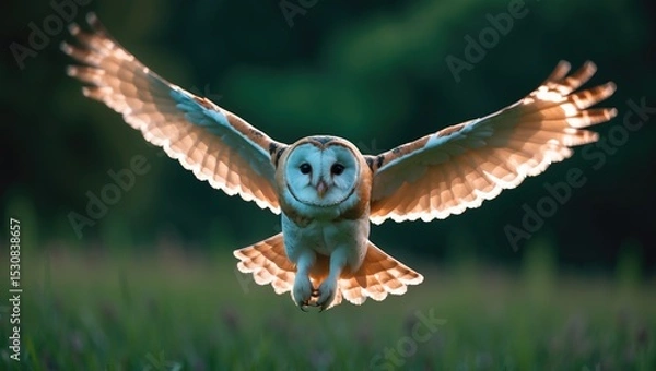Obraz A closeup of a barn owl flying low over a field with a dark green blurred background.