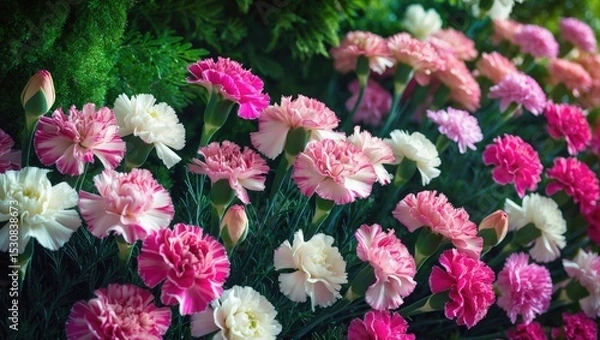 Obraz A detailed close-up of stunning pink Dianthus flowers in full bloom, thriving outdoors within a natural garden environment.