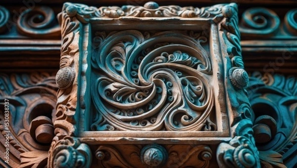 Fototapeta A detailed close-up of a carved stone frame, highlighting intricate craftsmanship and ornate design, which seems to be part of a larger structure.