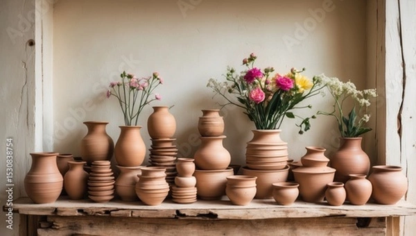 Obraz A collection of clay pots and flower vases arranged on a shelf.