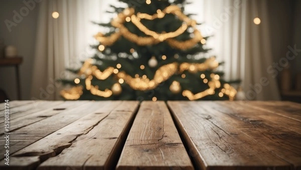 Obraz A Christmas tree decorated with hazy gold garland in the background and a wooden tabletop in the front, suitable for a montage or display image with copy space.
