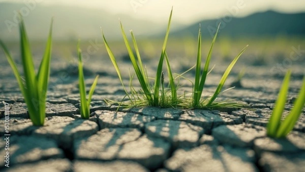 Obraz A close-up of a young green plant with two leaves emerging from dry, cracked soil, showcasing its struggle to grow in the harsh conditions.