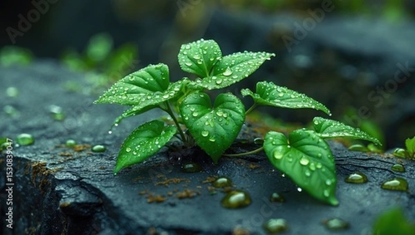 Obraz A close-up of a tiny green plant with multiple fresh leaves, covered in water droplets, emerging from a textured surface.