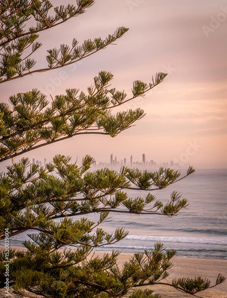 Obraz Looking across to the tall buildings of Surfers Paradise, Queensland, at sunrise.