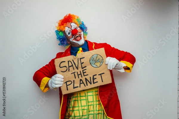 Fototapeta Clown holding 'save the planet' sign