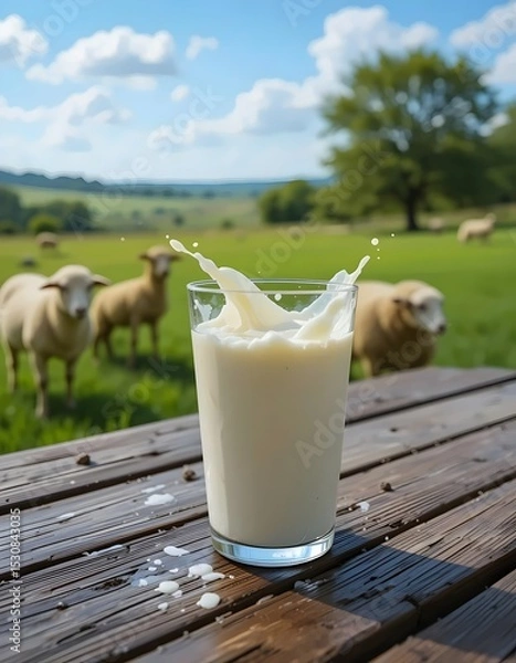 Obraz glass of milk on wooden table with splash, farm and sheep in the background vertical