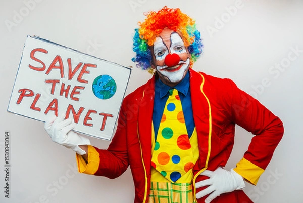 Fototapeta Clown holding save the planet sign