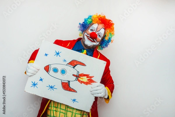 Fototapeta Clown holding cardboard with drawing