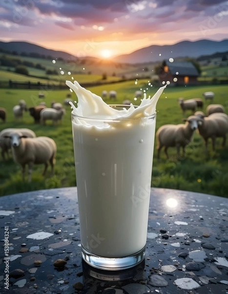 Obraz glass of milk on the table in a village farm with sheep in sunset vertical
