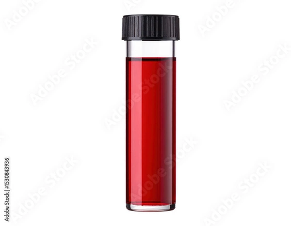 Fototapeta A glass vial filled with deep red liquid and sealed with a black cap, typically used for collecting blood samples or liquids in medical and scientific settings.