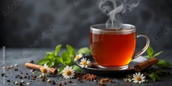 Obraz a glass cup of tea with mint and cinnamon dark wide