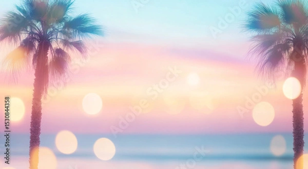 Obraz Blurry out-of-focus palm trees by ocean reflecting sunset light, tranquil background