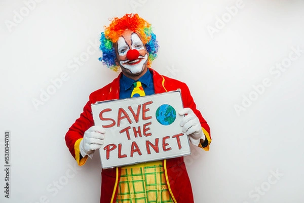 Fototapeta Clown holding save the planet sign